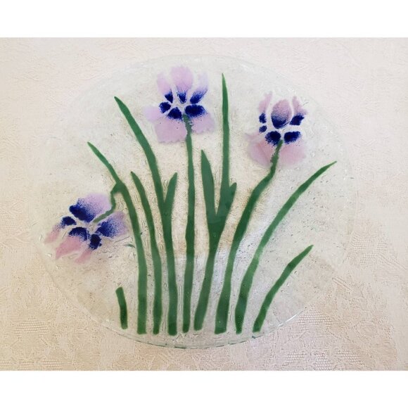 Vintage Fused Glass Floral Dinner Plate Berry Bowl Handcrafted Iris Flower Set - Picture 3 of 8